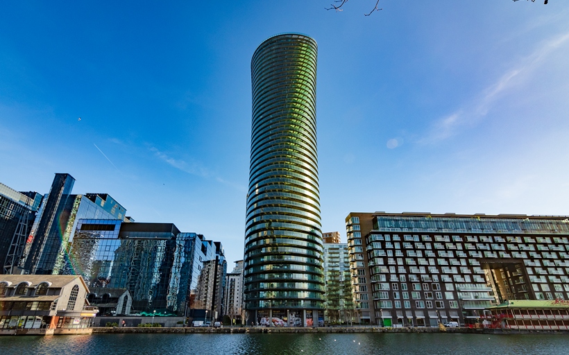 Arena Tower pictured from the opposite side of Millwall Inner Dock E14