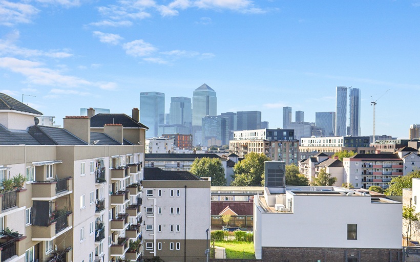 The view towards Canary Wharf from an apartment in Duesbury House