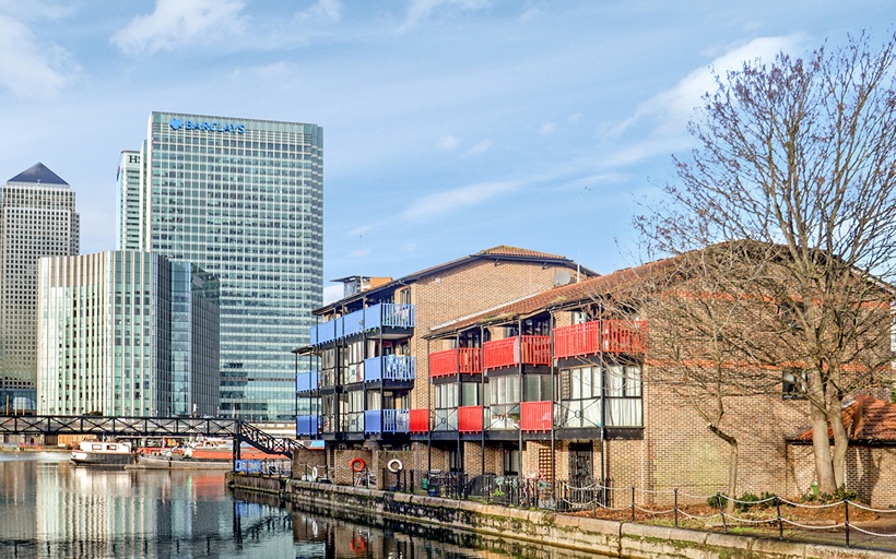 A view of Bridge House Quay toward Canary Wharf E14