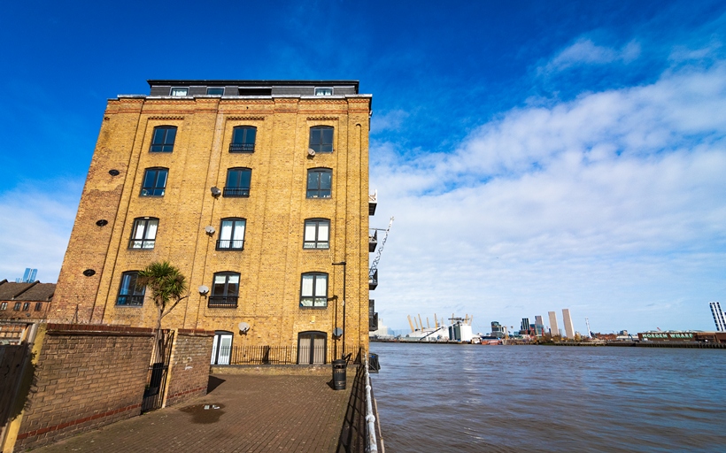 Cubitt Wharf pictured from the Thames Path in E14