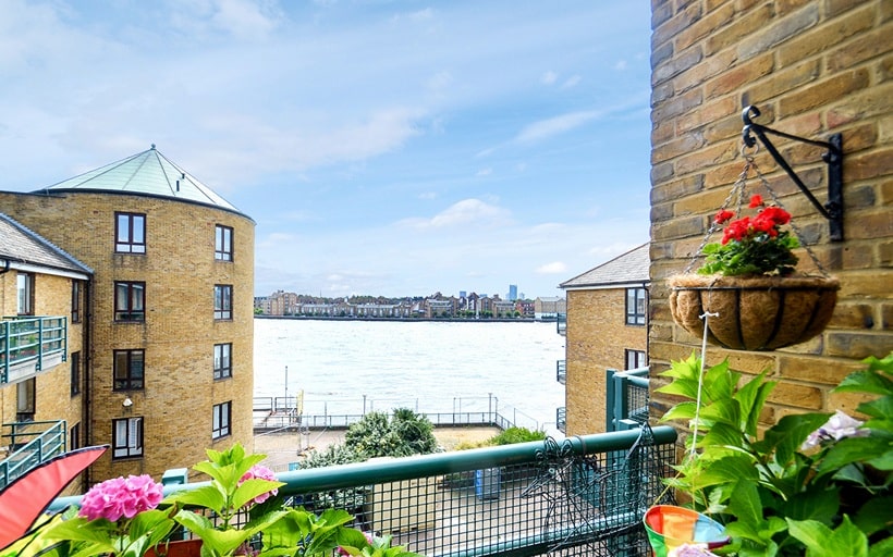 A Duke Shore Wharf apartment balcony's southerly river view towards Rotherhithe