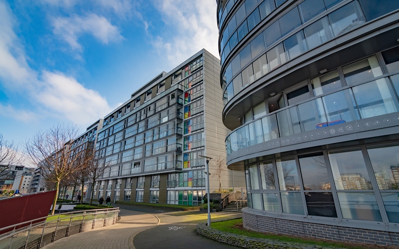 The curved balconies of Admiral Tower with Beacon Point adjacent.