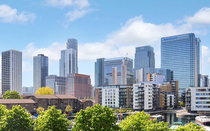 View from The Lighthouse across Poplar Dock Marina to Canary Wharf